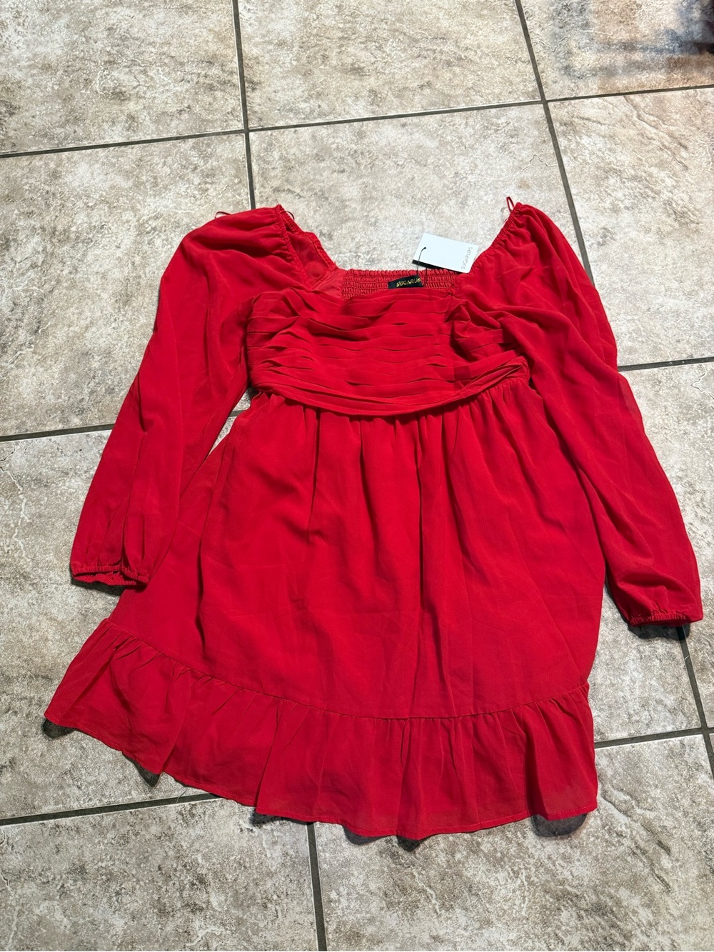 NWT Sugar Lips Red Long-Sleeve Ruffle Hem Smocked Dress